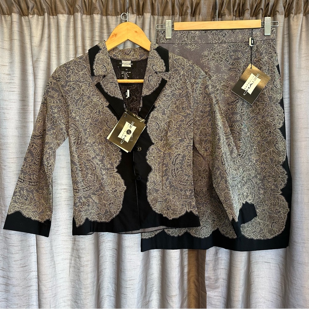 Nathalie Chaize French Vintage Trompe l'Oeil Lace Print Jacket & Pencil Skirt